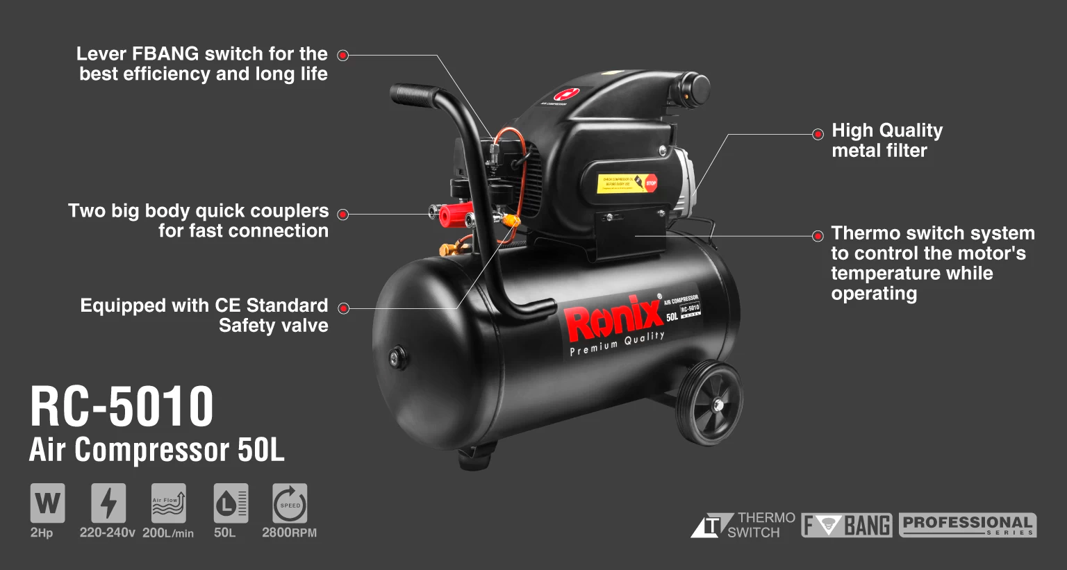 Compresor RONIX RC-5010 200l/min 50L