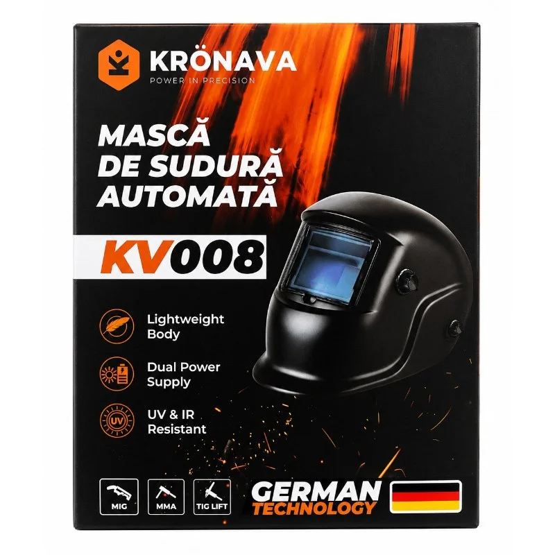 Mască automată pentru sudură Kronava KV008 – filtru 13 DIN, vizor 110×90 mm