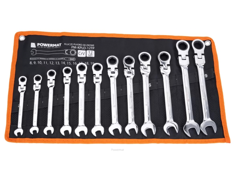 Set de chei combinate cu clichet articulat Powermat PM-KPLO-12TP – 12 piese CrV 8–19 mm