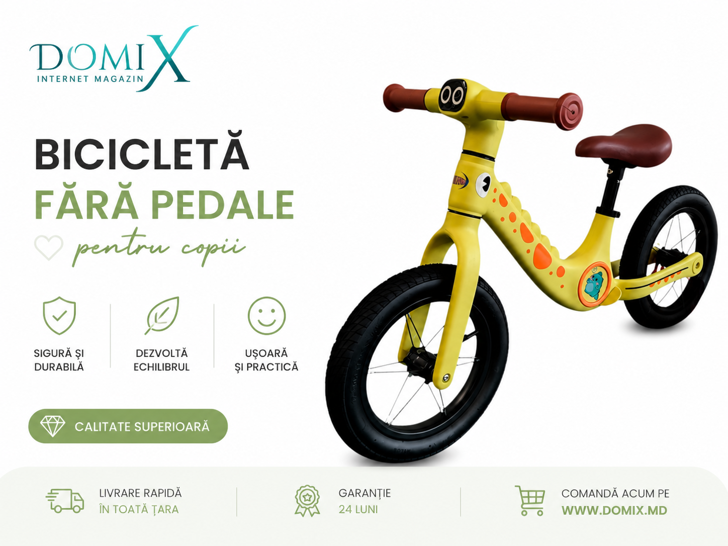 Bicicletă fără pedale GIRAFFE pentru copii | Roți 30,5 cm, cadru nylon | Domix.md