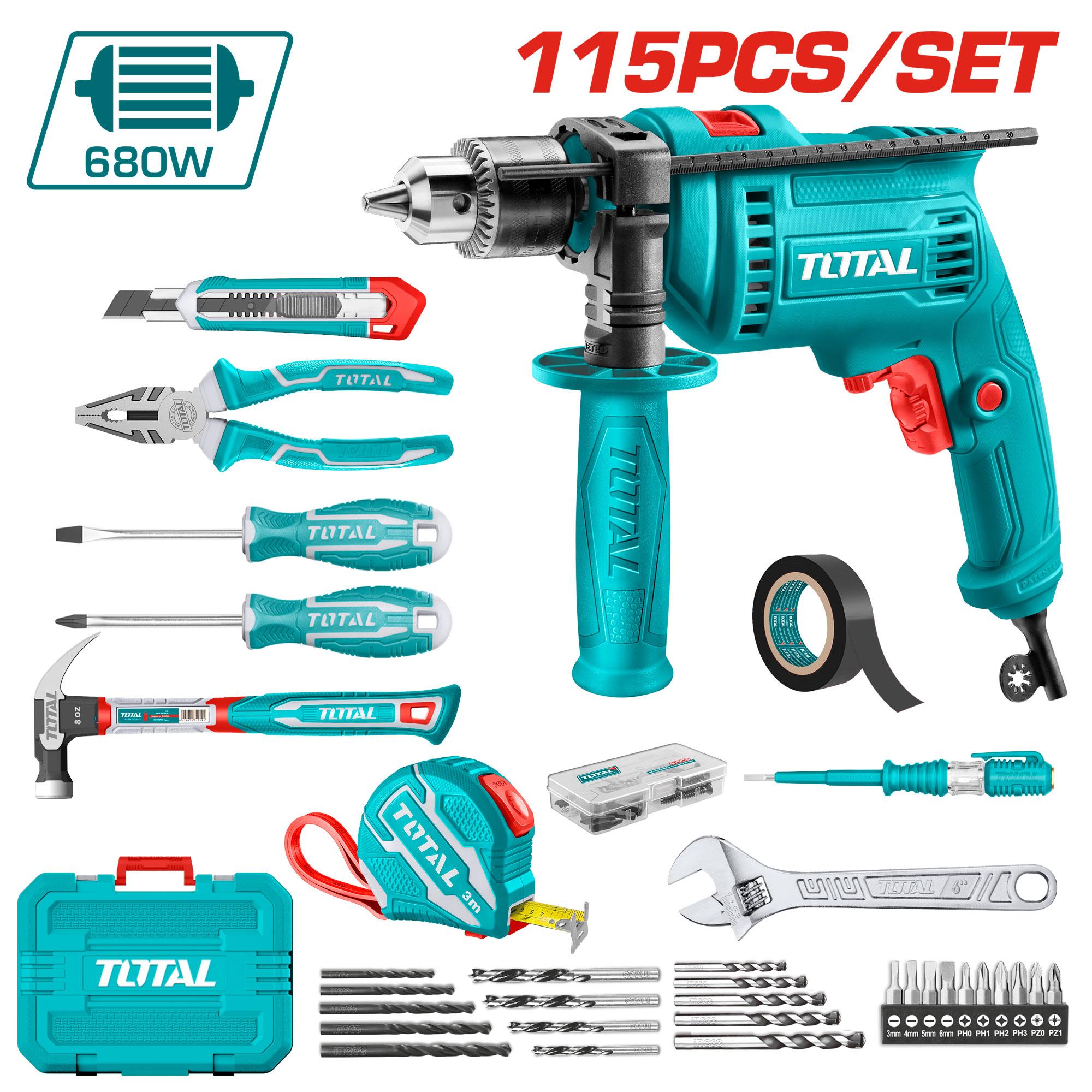 Set scule 115buc. masina gaurit cu percutie 680W + scule manuale in case