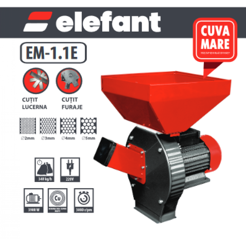 Moară electrică pentru cereale și lucernă Elefant EM-1.1E – 3900 W