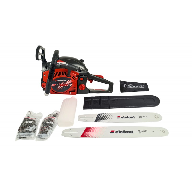 Motoferăstrău pe benzină ELEFANT CS5800E – 58 cm³, 2,2 kW, 2 lame și 2 lanțuri Drujbă